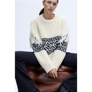 H & M Cream Black Fair Isle Aztec Chucky Knit Cropped Fringe Sweater Size M